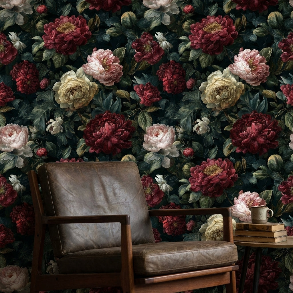 Dark Elegance Red Peony Floral Wallpaper