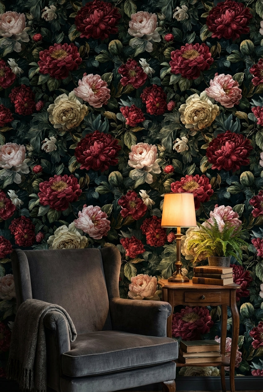 Dark Elegance Red Peony Floral Wallpaper