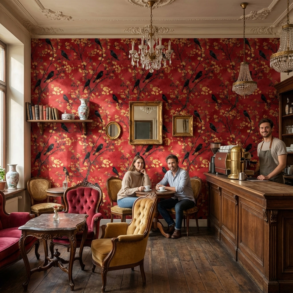 Crimson Red Cherry Blossom and Bird Wallpaper