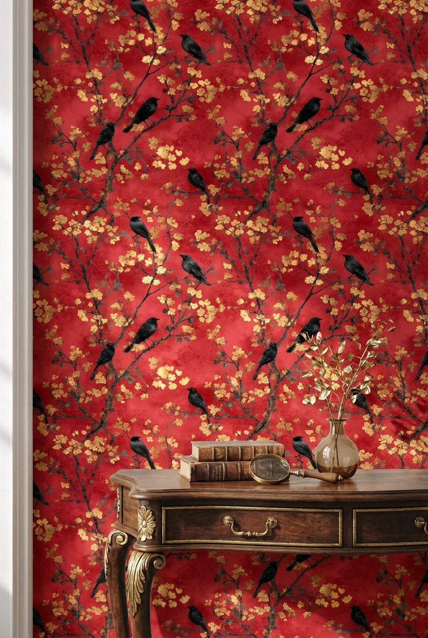 Crimson Red Cherry Blossom and Bird Wallpaper