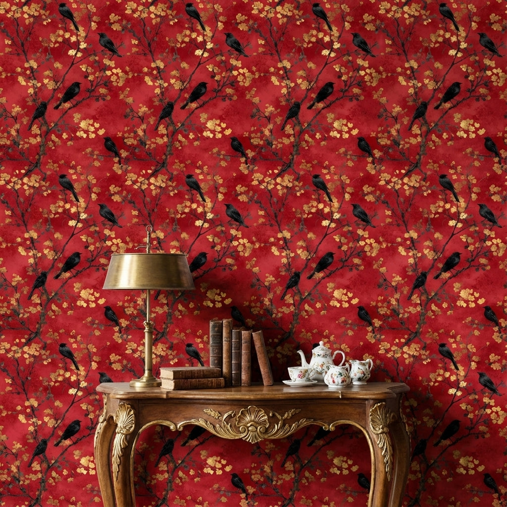 Crimson Red Cherry Blossom and Bird Wallpaper