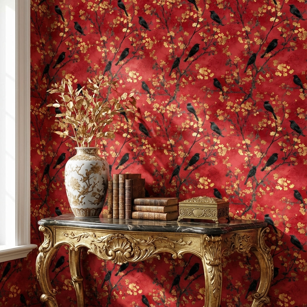 Crimson Red Cherry Blossom and Bird Wallpaper