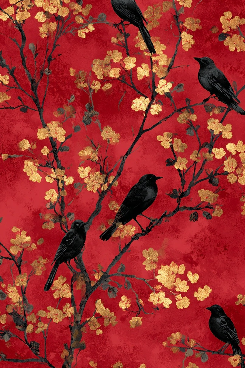 Crimson Red Cherry Blossom and Bird Wallpaper