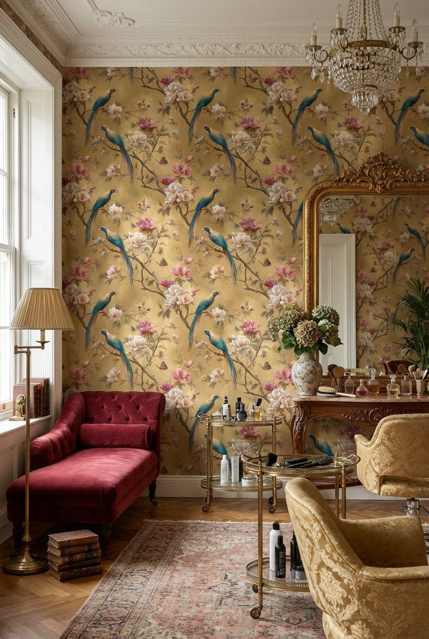 Gold Look Magnolia Bird Garden Wallpaper