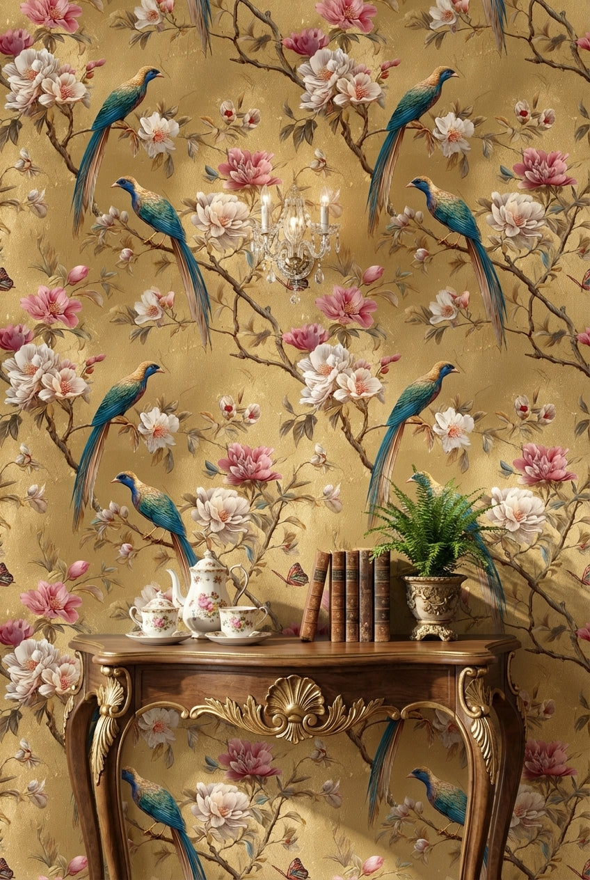 Gold Look Magnolia Bird Garden Wallpaper
