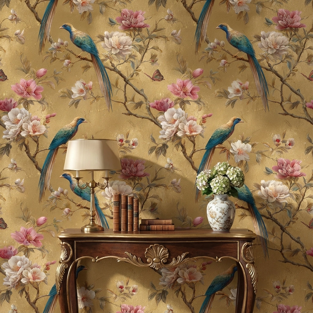 Gold Look Magnolia Bird Garden Wallpaper