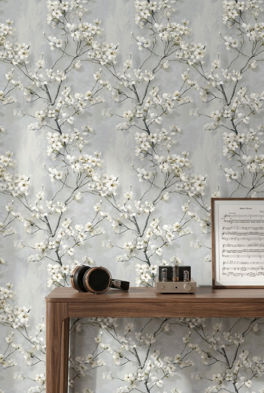 Soft Gray Cherry Blossom Floral Wallpaper
