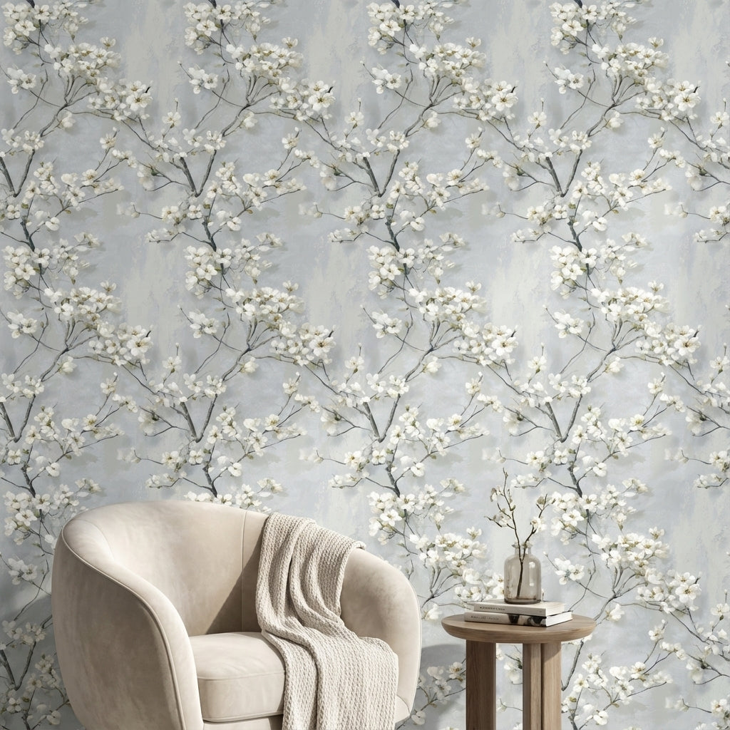 Soft Gray Cherry Blossom Floral Wallpaper