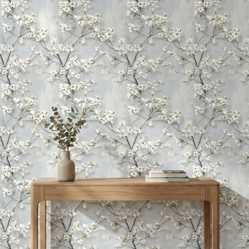 Soft Gray Cherry Blossom Floral Wallpaper