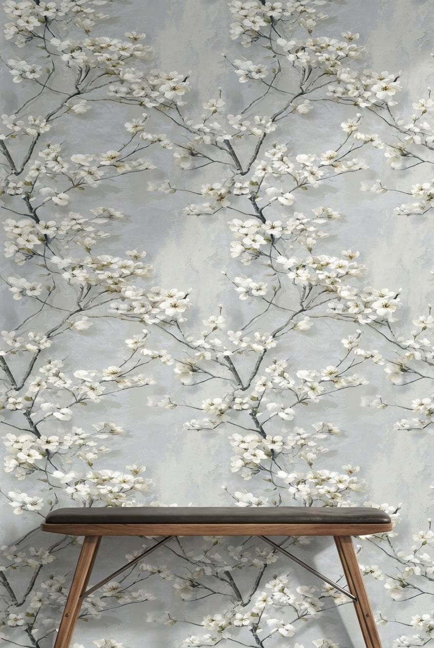 Soft Gray Cherry Blossom Floral Wallpaper