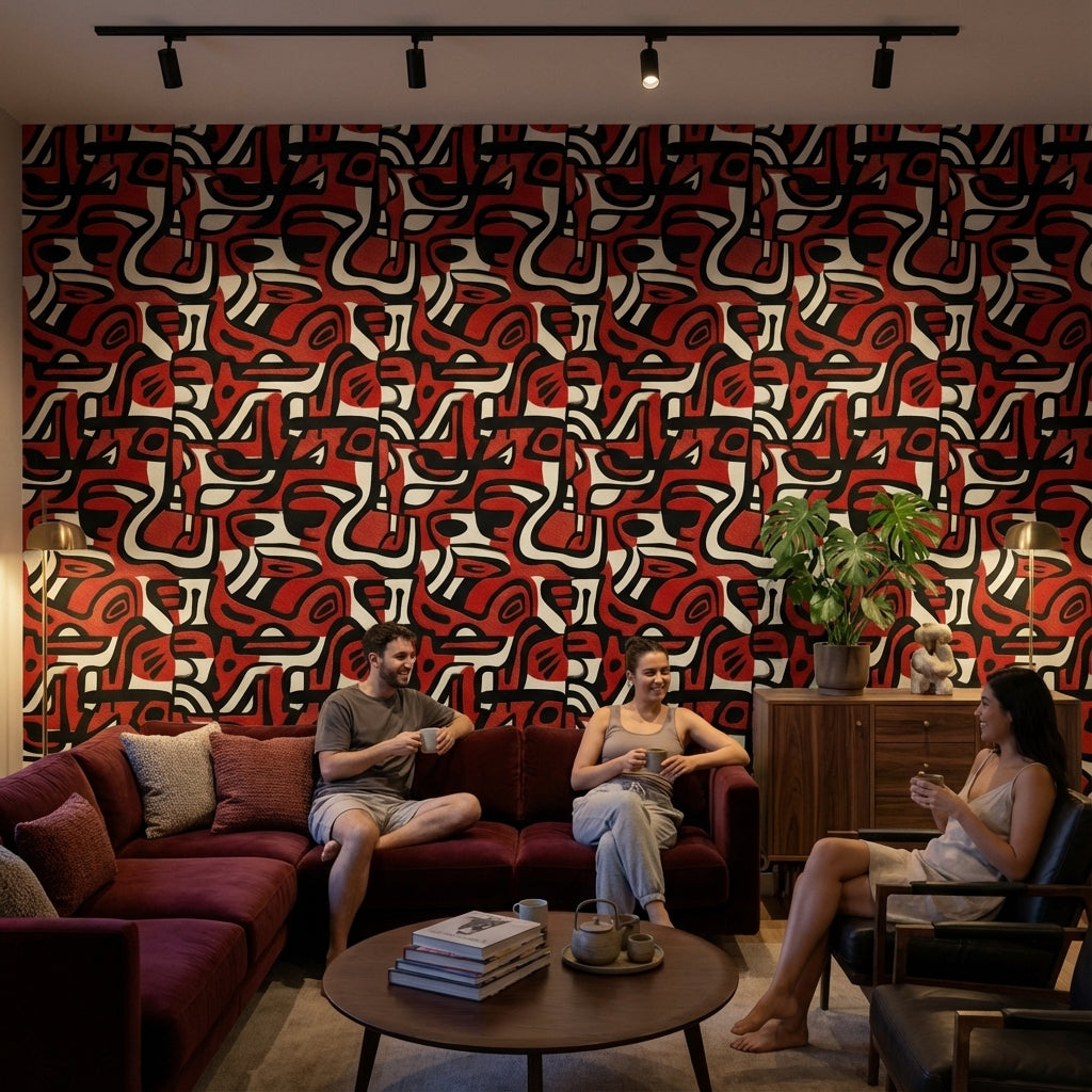 Bold Red and Black Abstract Pattern Wallpaper