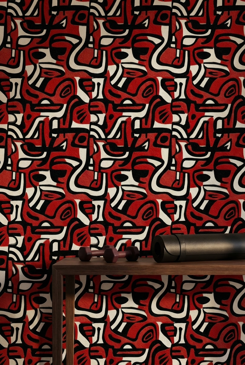 Bold Red and Black Abstract Pattern Wallpaper