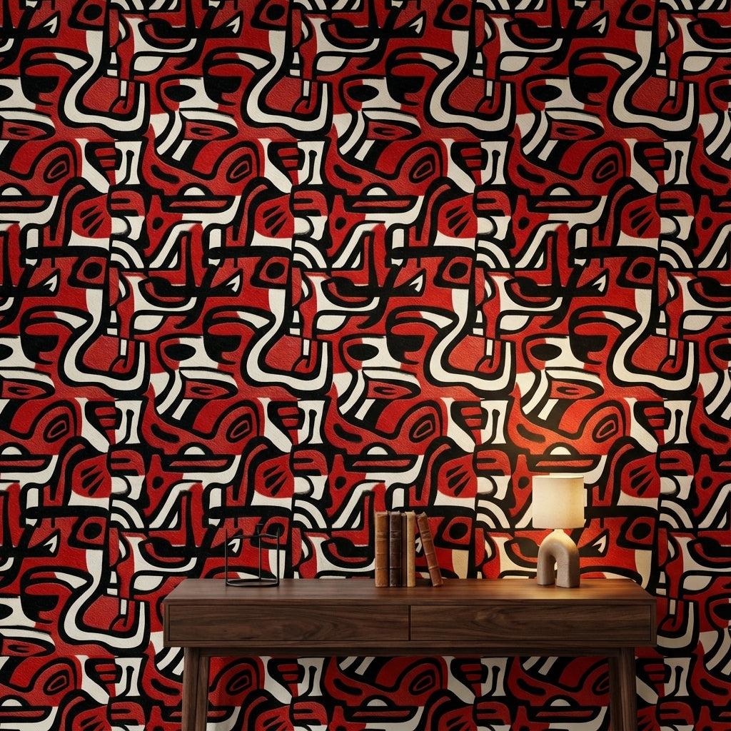 Bold Red and Black Abstract Pattern Wallpaper