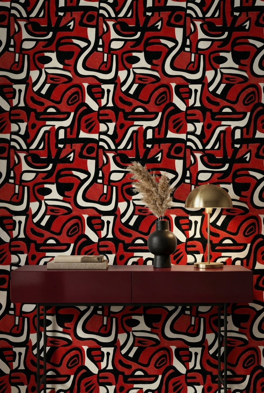 Bold Red and Black Abstract Pattern Wallpaper