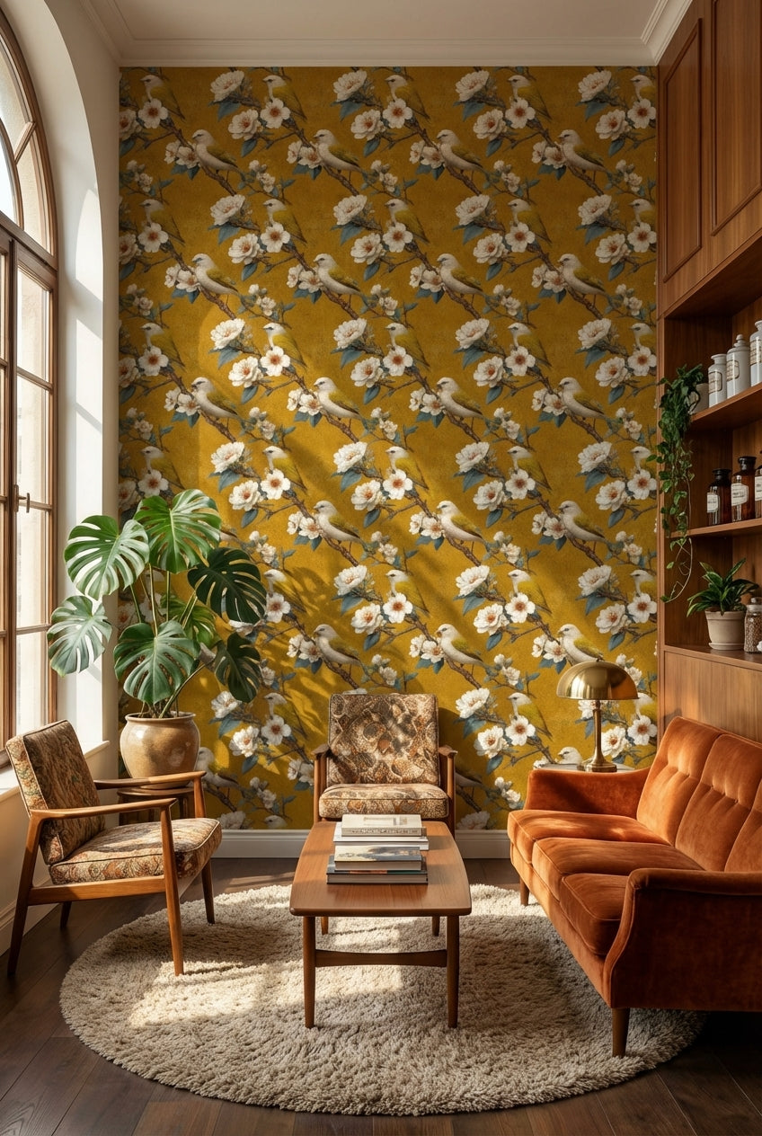 Golden Look Vintage Bird and Cherry Blossom Wallpaper