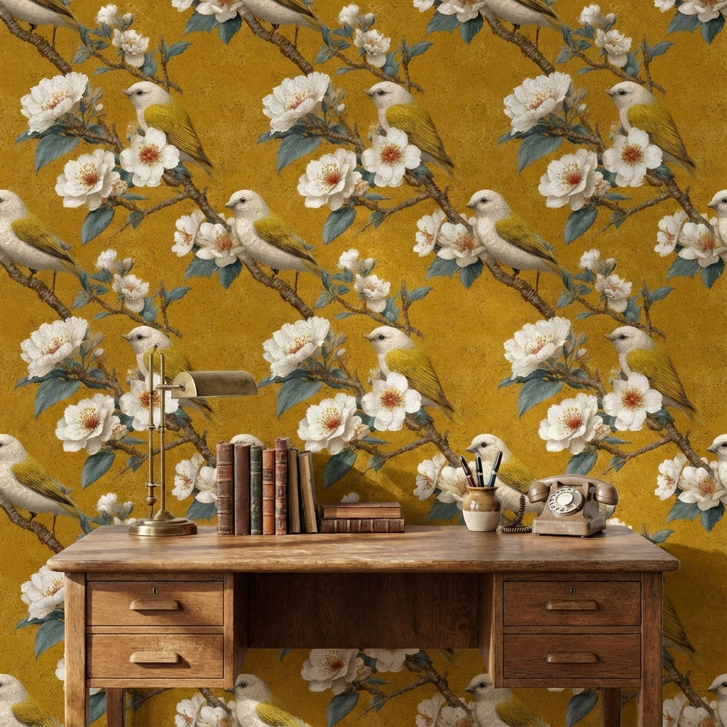 Golden Look Vintage Bird and Cherry Blossom Wallpaper