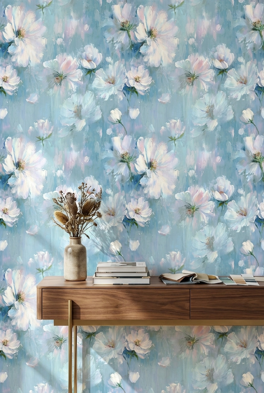 Sky Blue and White Soft Blossom Floral Wallpaper