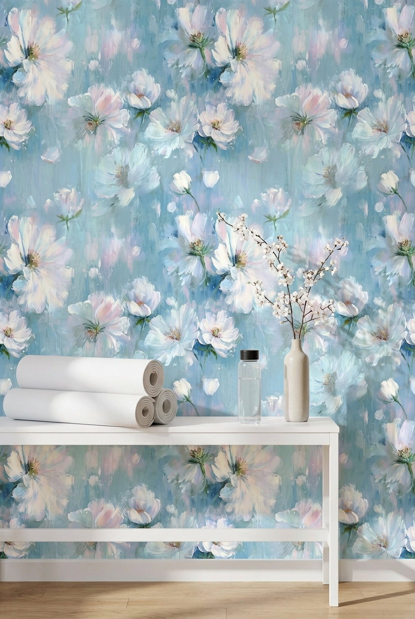 Sky Blue and White Soft Blossom Floral Wallpaper