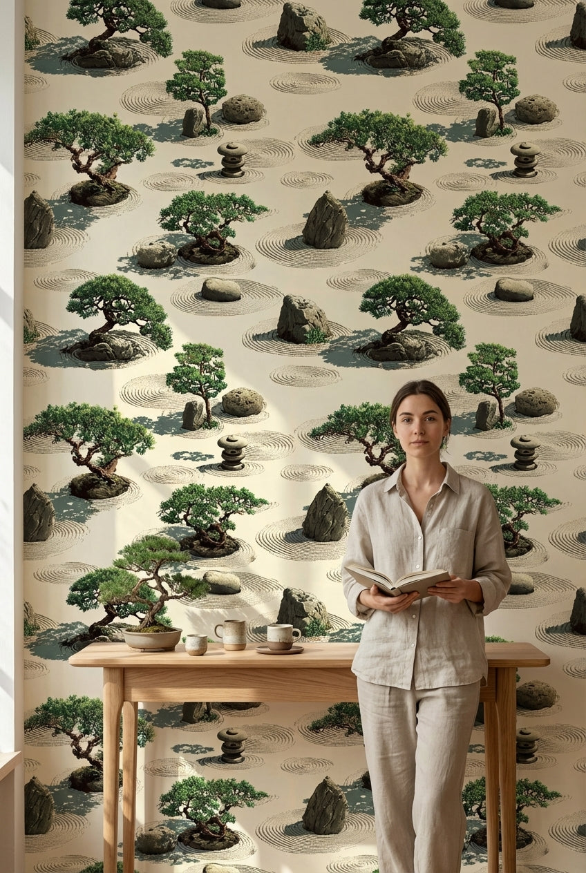 Tranquil Beige and Green Zen Garden Wallpaper