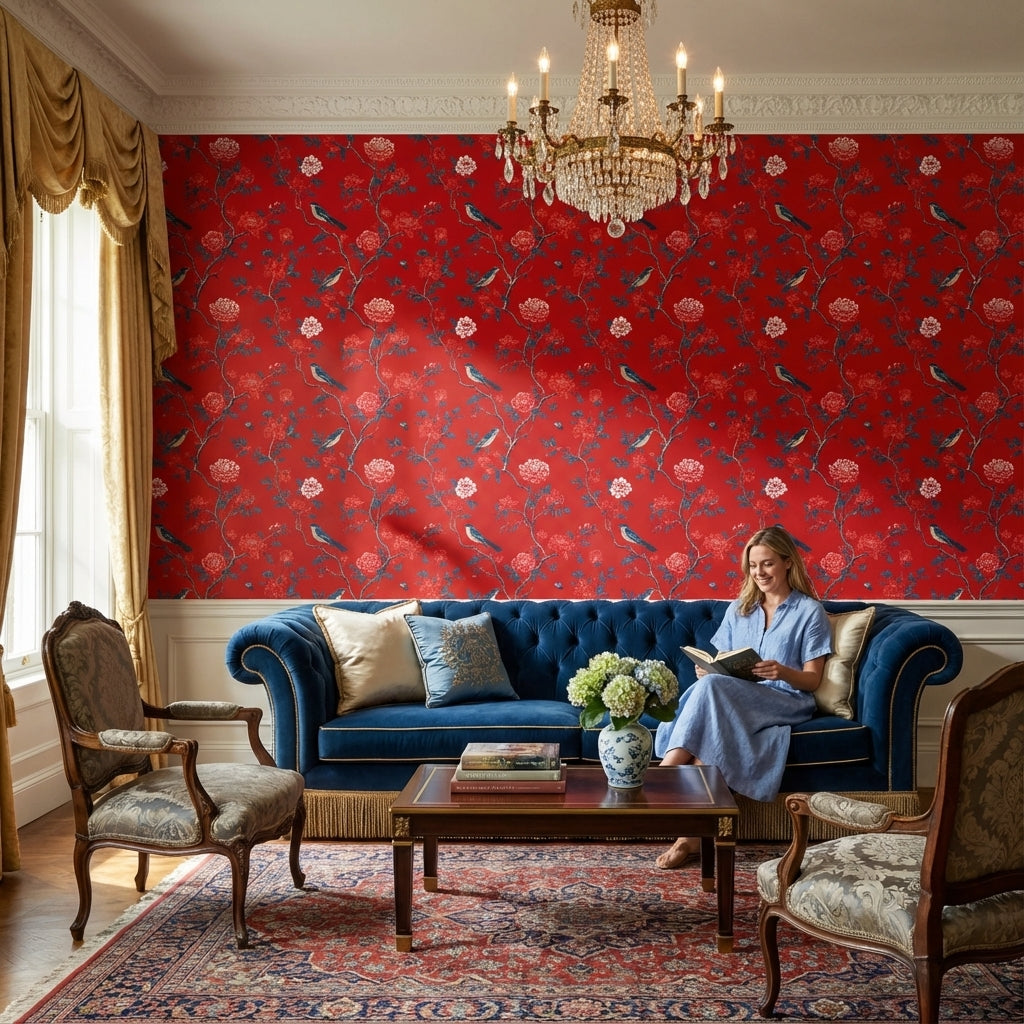 Bold Red Peony and Bird Chinoiserie Wallpaper
