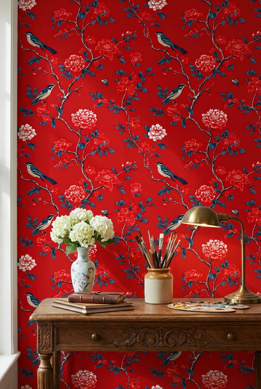 Bold Red Peony and Bird Chinoiserie Wallpaper