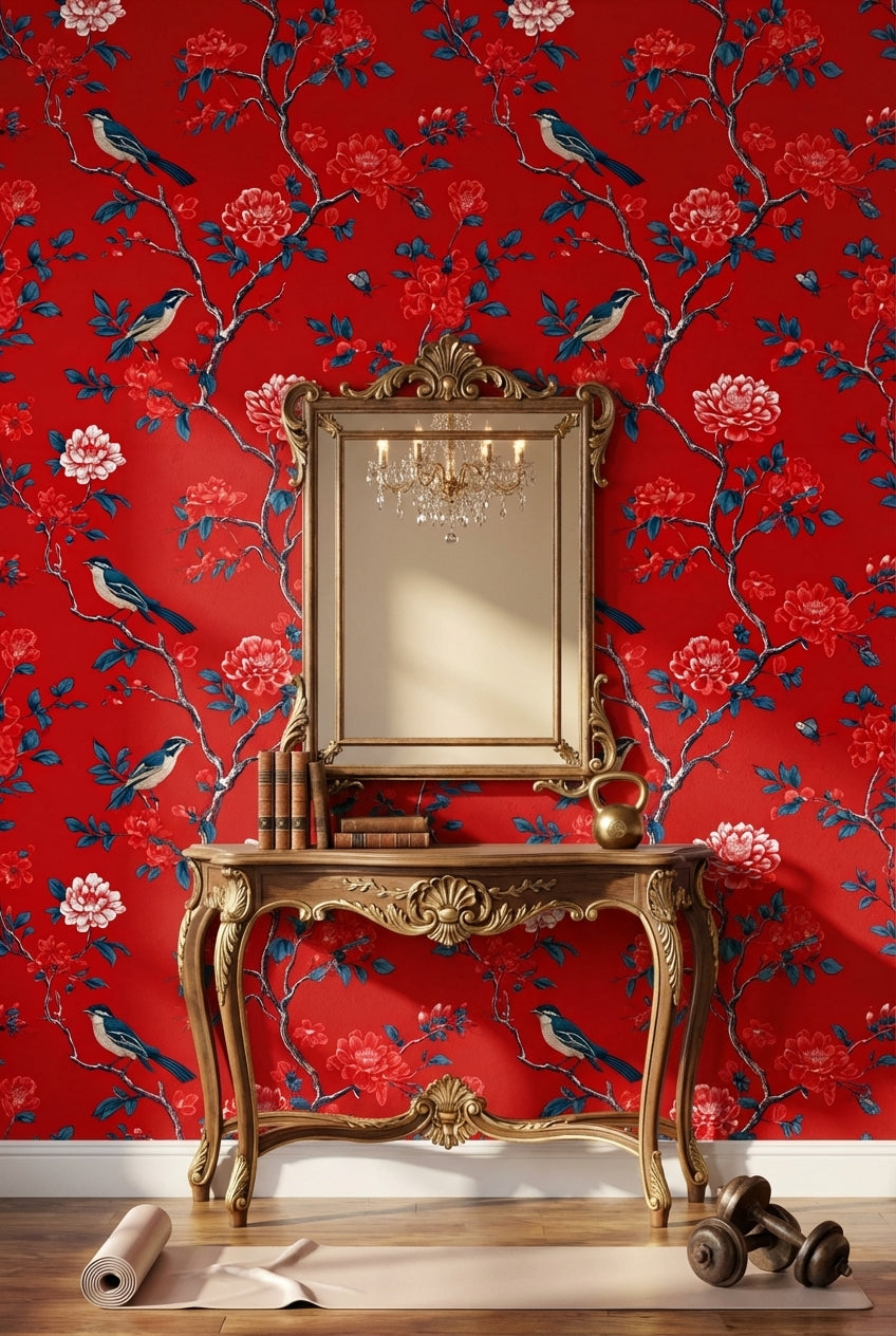 Bold Red Peony and Bird Chinoiserie Wallpaper