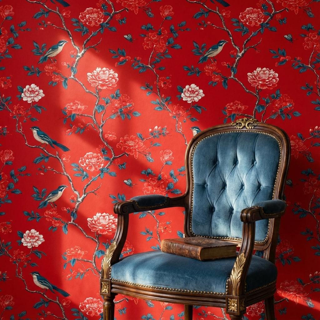 Bold Red Peony and Bird Chinoiserie Wallpaper
