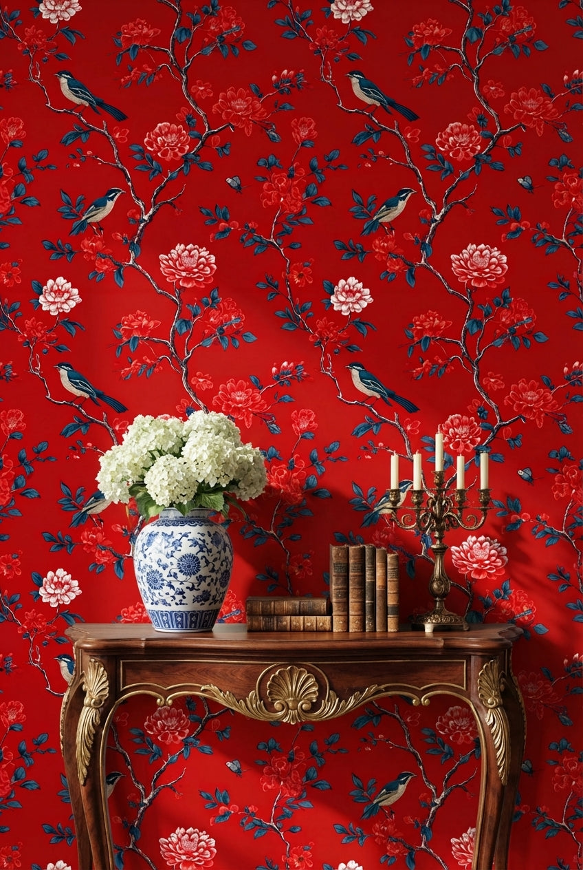 Bold Red Peony and Bird Chinoiserie Wallpaper