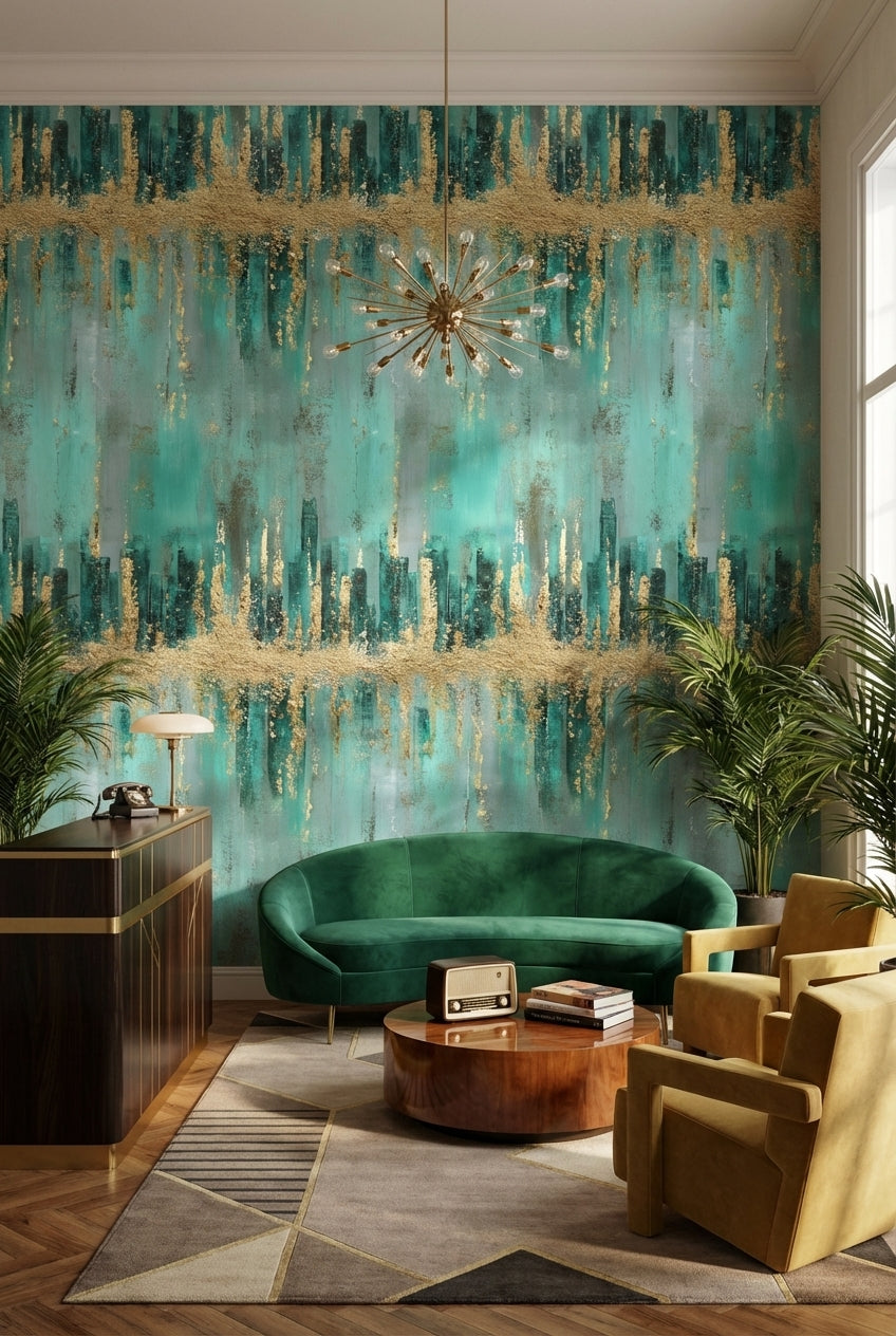 Teal and Gold Look Abstract Brushstroke Wallpaper