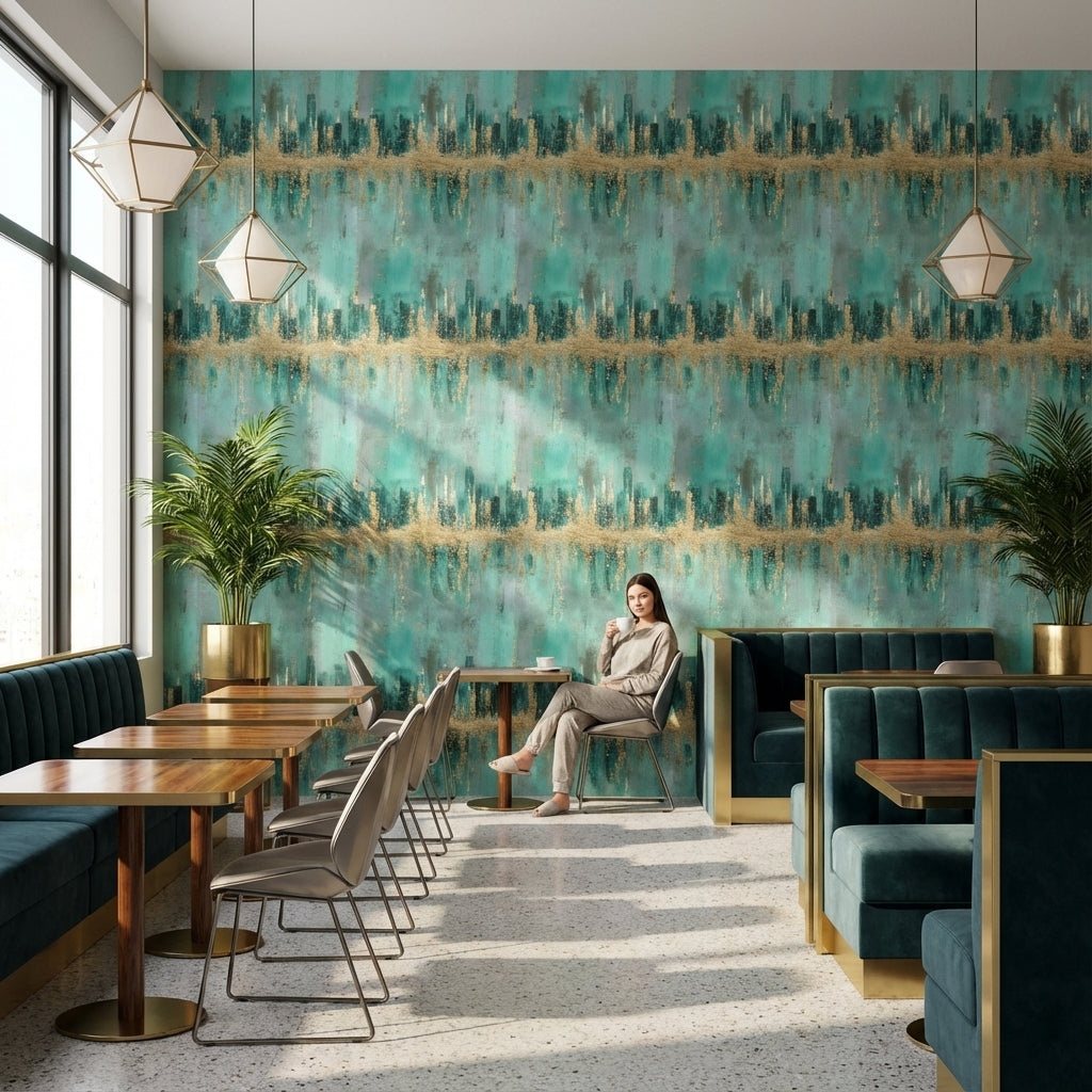 Teal and Gold Look Abstract Brushstroke Wallpaper