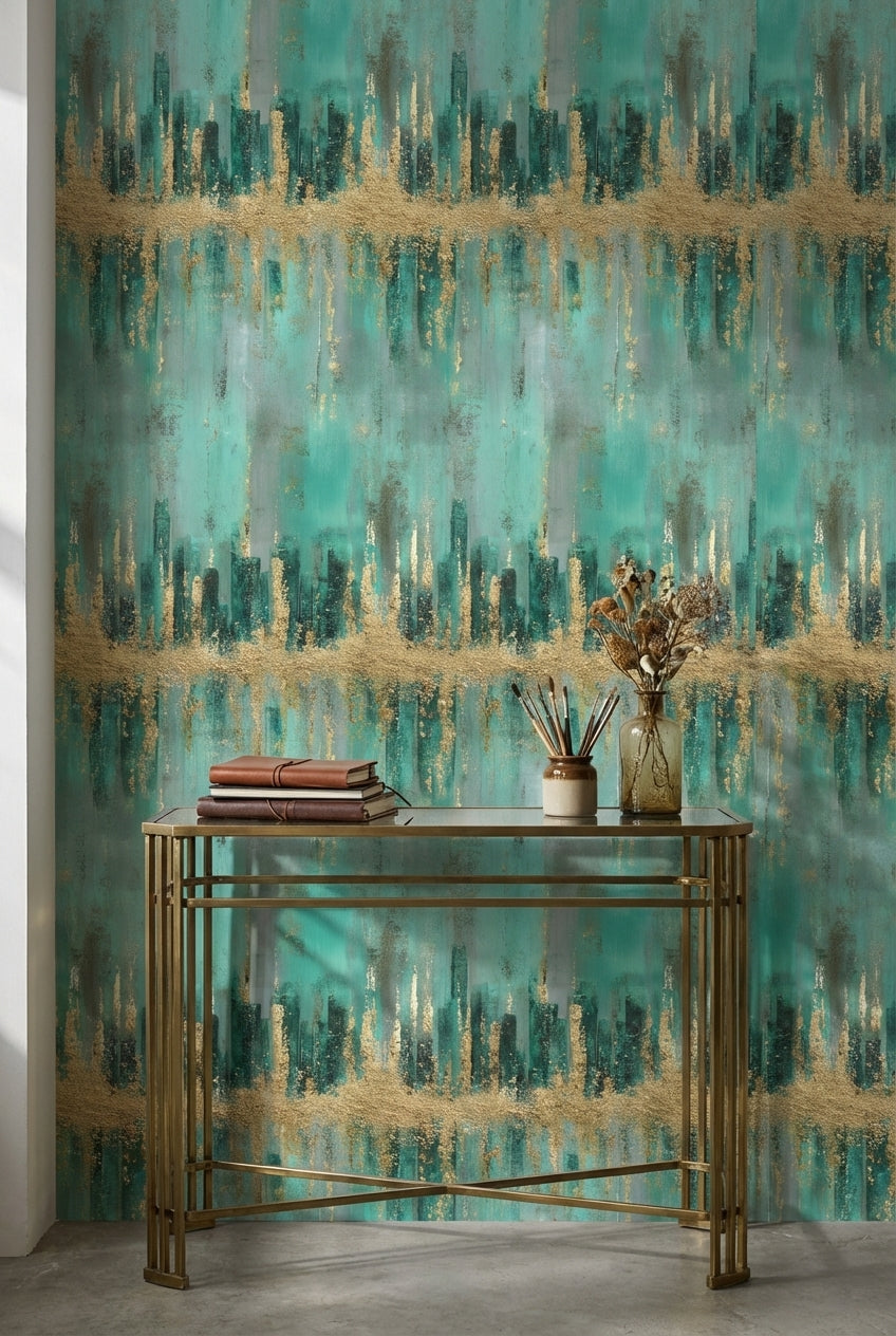 Teal and Gold Look Abstract Brushstroke Wallpaper