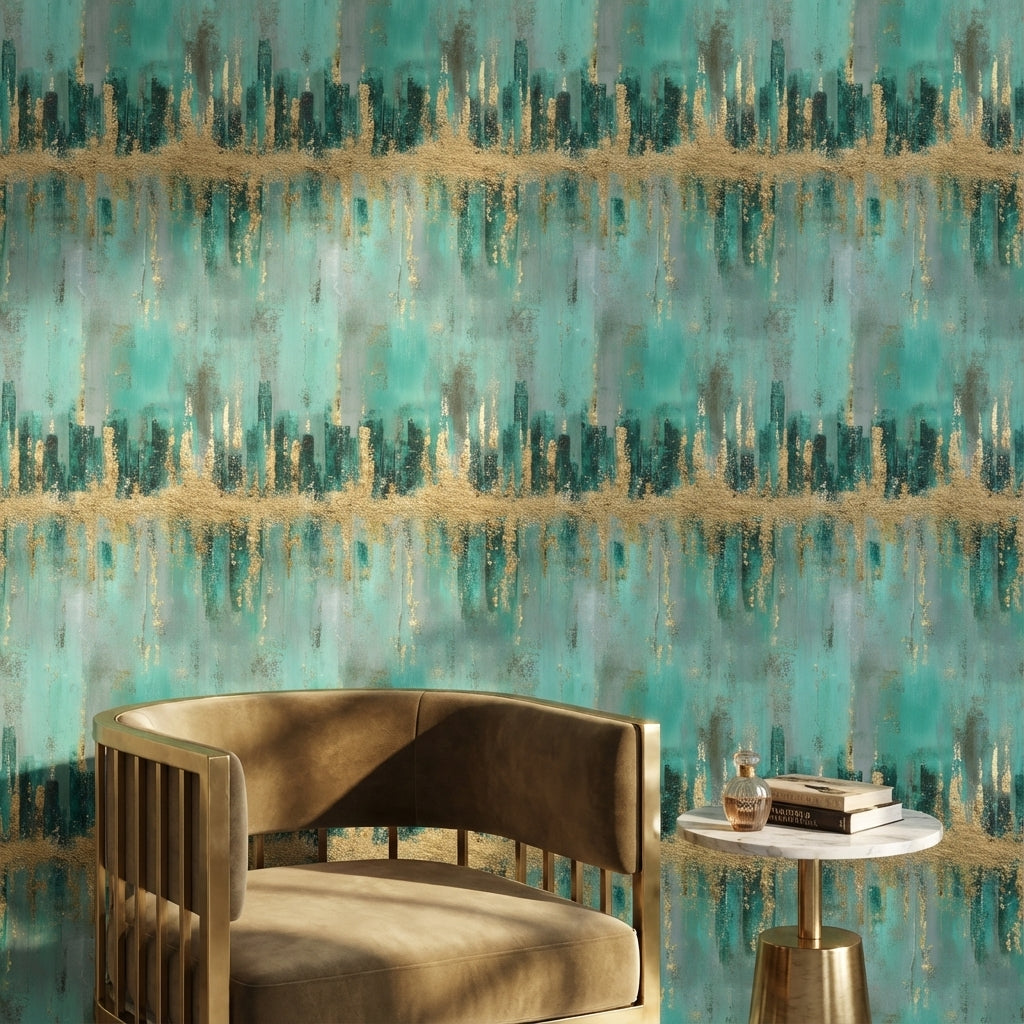 Teal and Gold Look Abstract Brushstroke Wallpaper