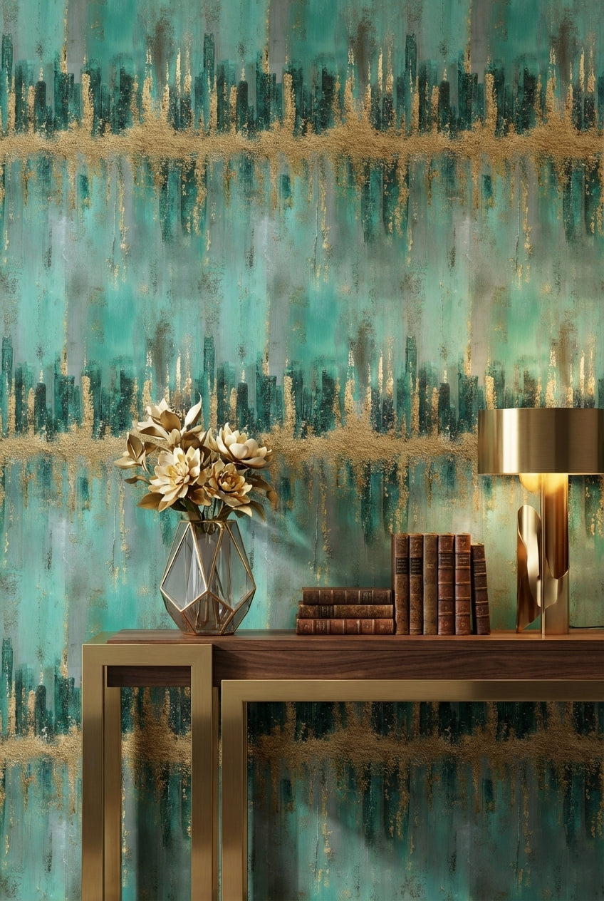 Teal and Gold Look Abstract Brushstroke Wallpaper