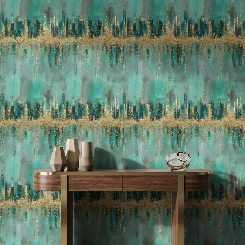 Teal and Gold Look Abstract Brushstroke Wallpaper