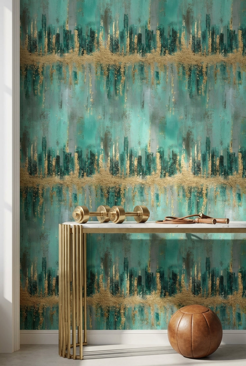 Teal and Gold Look Abstract Brushstroke Wallpaper