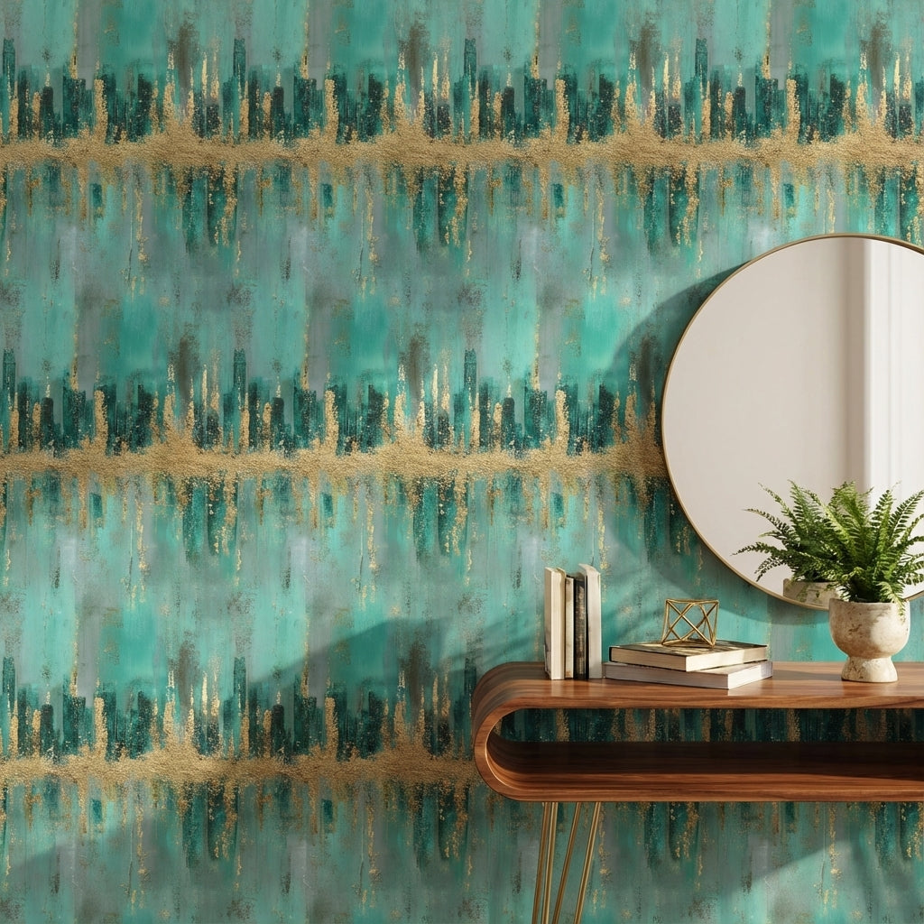 Teal and Gold Look Abstract Brushstroke Wallpaper