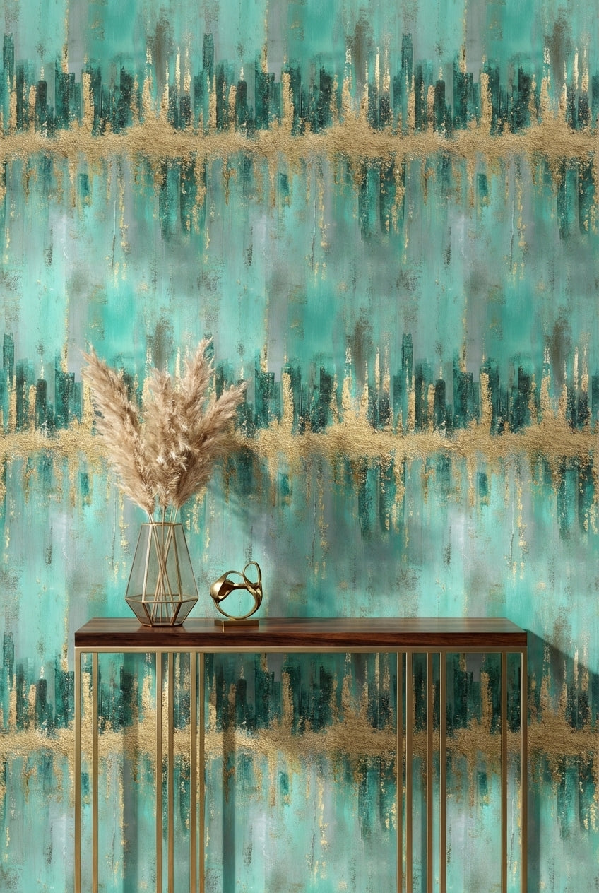 Teal and Gold Look Abstract Brushstroke Wallpaper