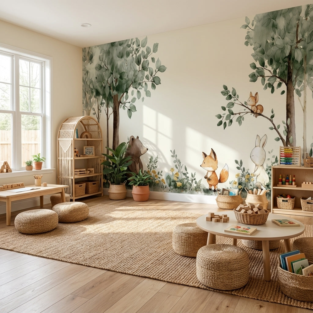 Whimsical Forest Wallpaper Animal Watercolor Wall Mural