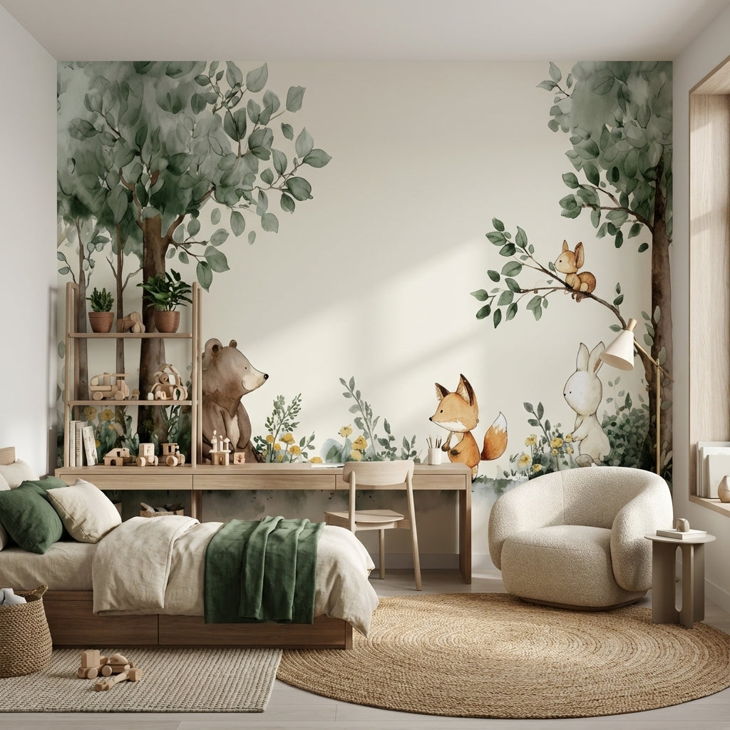 Whimsical Forest Wallpaper Animal Watercolor Wall Mural