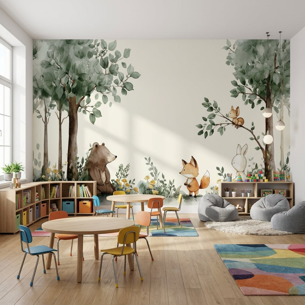 Whimsical Forest Wallpaper Animal Watercolor Wall Mural