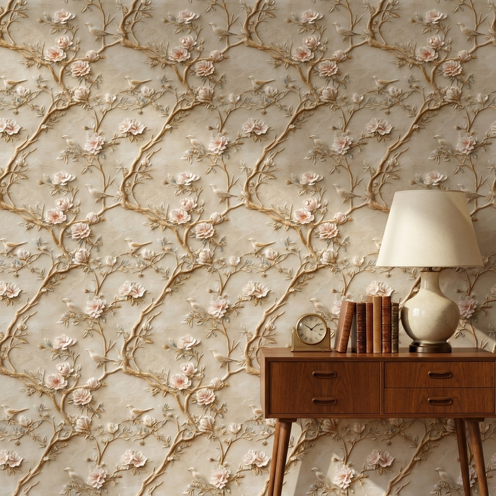 Beige Vintage Rose and Bird Embossed Wallpaper
