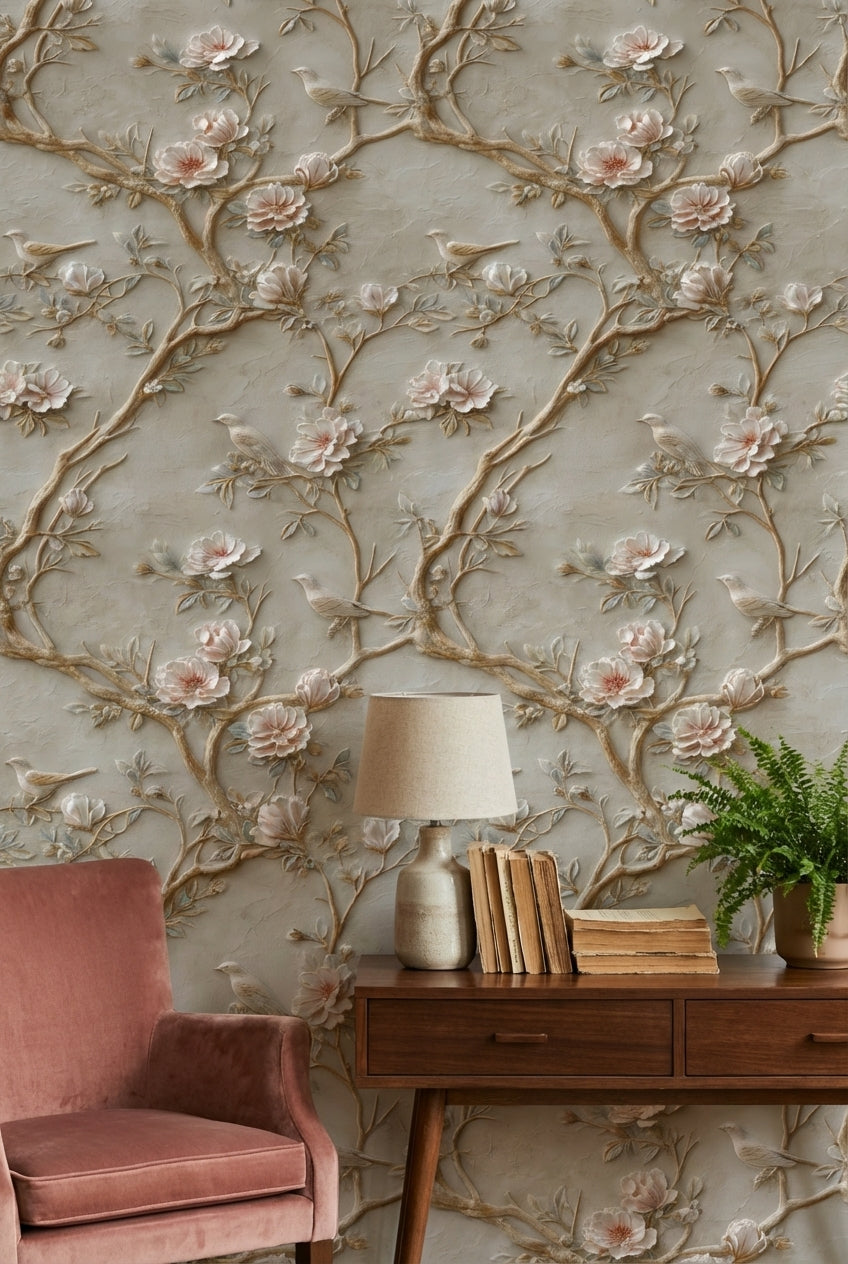 Beige Vintage Rose and Bird Embossed Wallpaper