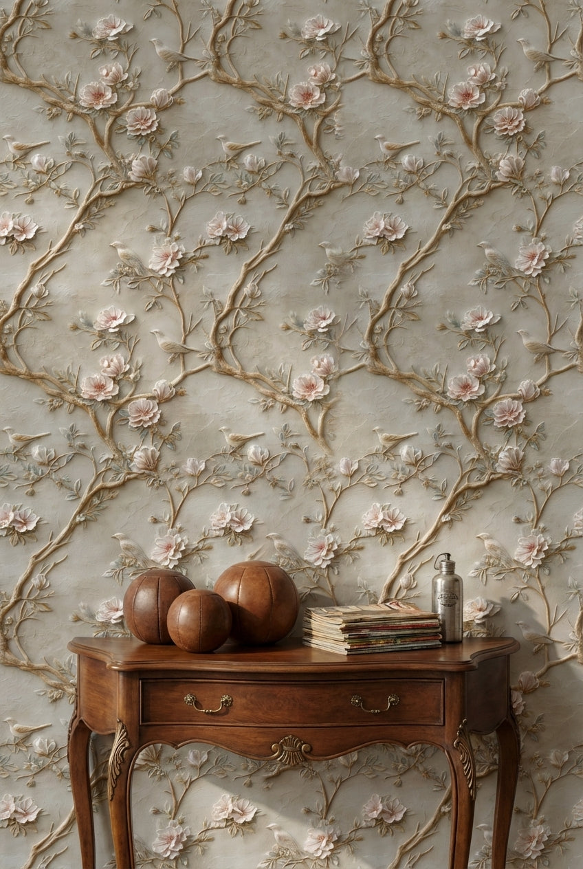 Beige Vintage Rose and Bird Embossed Wallpaper