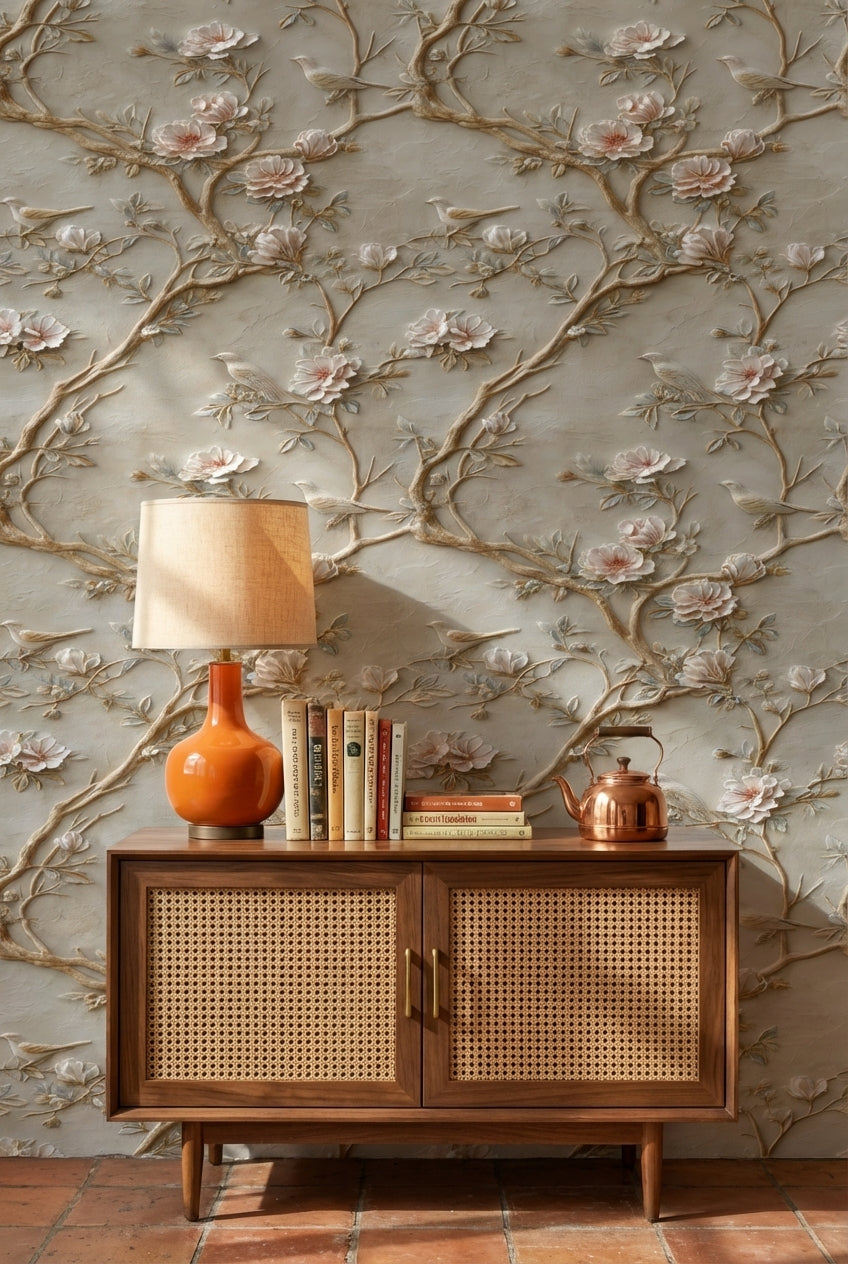 Beige Vintage Rose and Bird Embossed Wallpaper