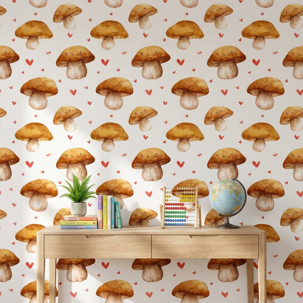 Cream and Orange Smiling Mushroom Kids Wallpaper