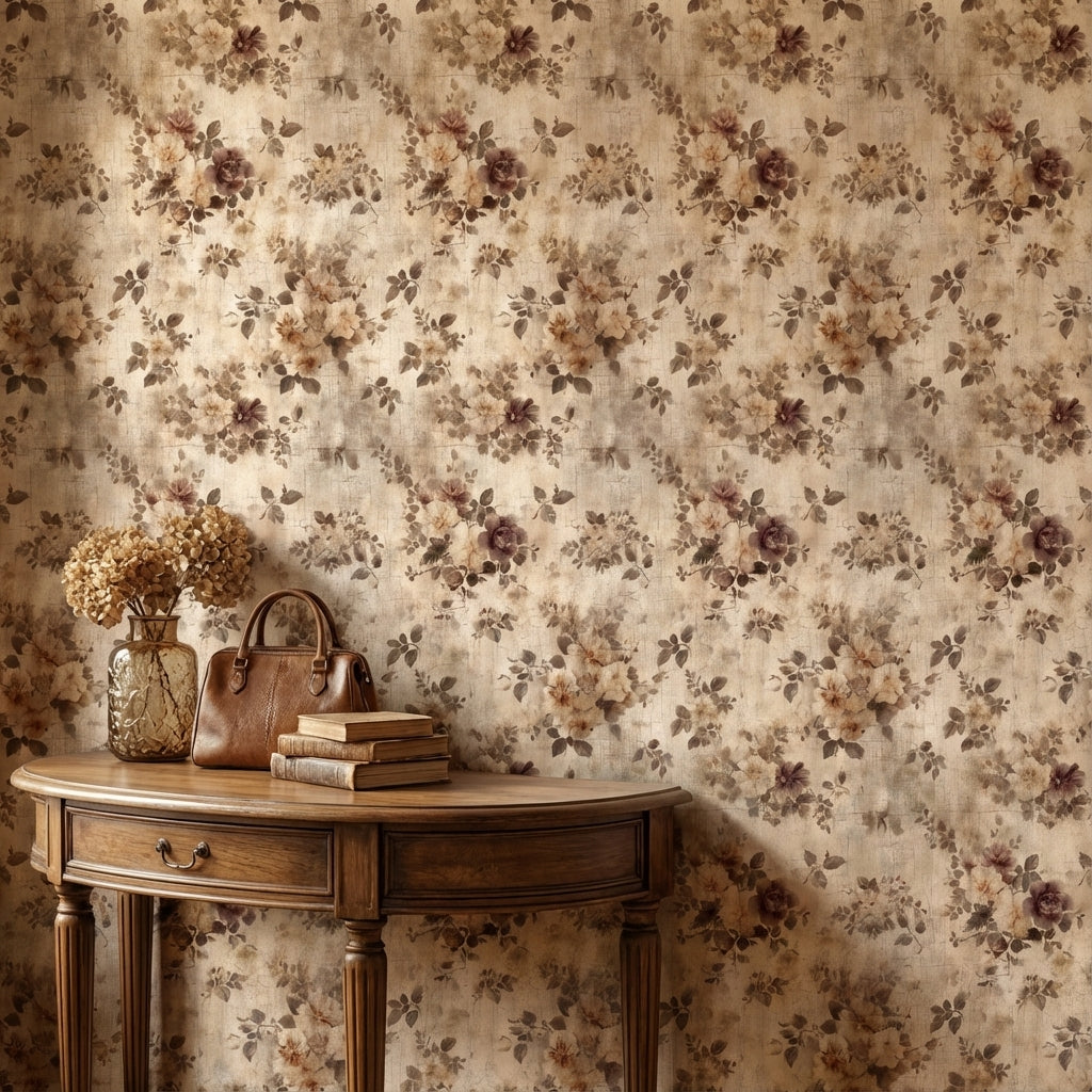 Beige Vintage Floral Rose Pattern Wallpaper