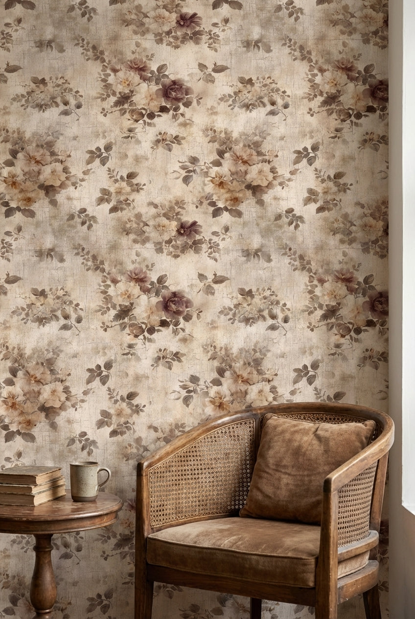 Beige Vintage Floral Rose Pattern Wallpaper