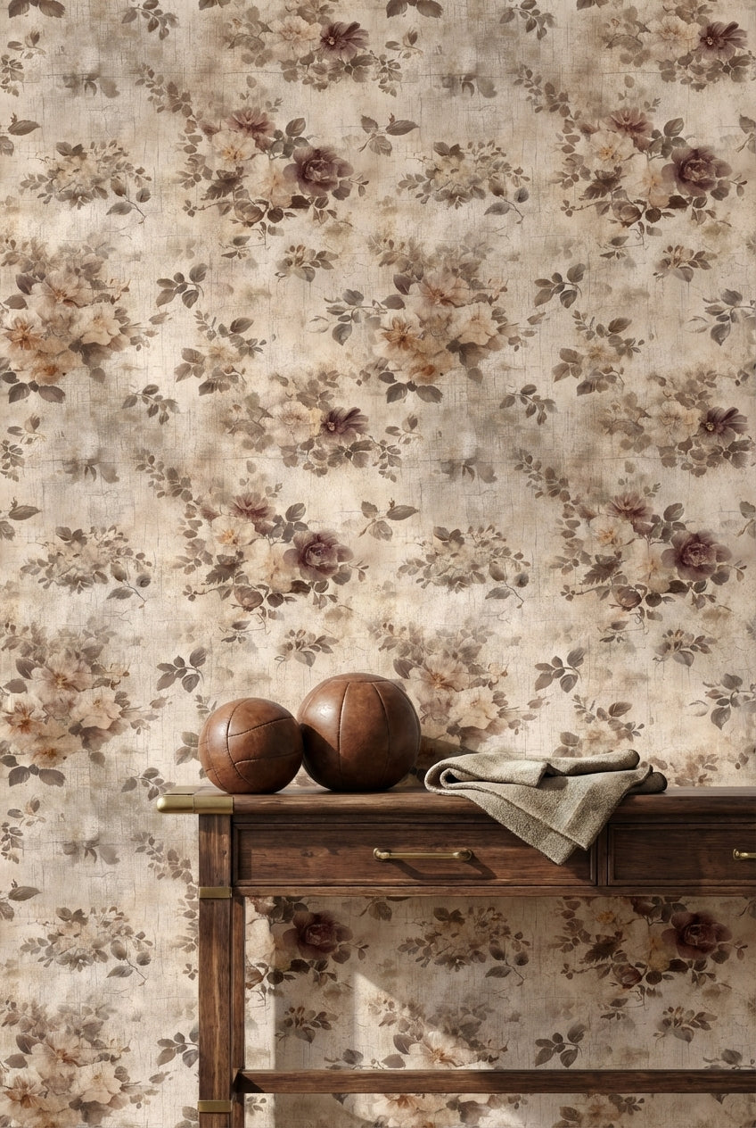 Beige Vintage Floral Rose Pattern Wallpaper