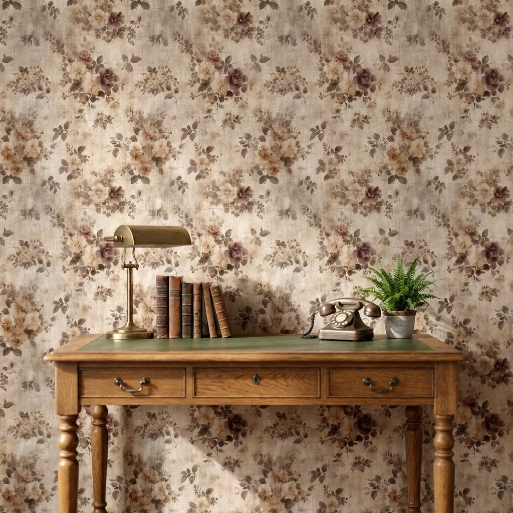 Beige Vintage Floral Rose Pattern Wallpaper