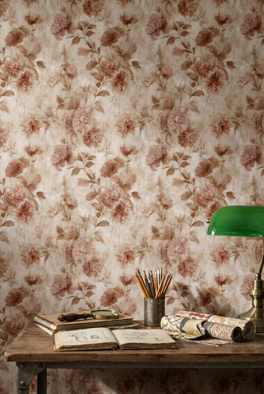 Warm Beige Vintage Rose Floral Wallpaper